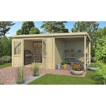 Abri de jardin Tampa 34mm - 8,13m² intérieur + préau 5.45m² - Toit plat - Double porte semi-vitrée - Touschalets