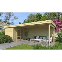 Abri de jardin British 28mm - 5.33m² intérieur + préau 13.64m² - Toit plat - Double porte vitrée - Touschalets