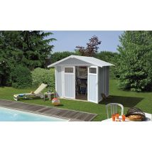 Abri de jardin pvc Utility 4,9m2 Grosfillex gris bleu - Double pente - Porte Double - Touschalets