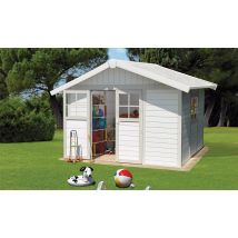 Abri de jardin PVC Déco 7.5m2 Grosfillex blanc-gris vert - Double pente - Porte Double - Touschalets