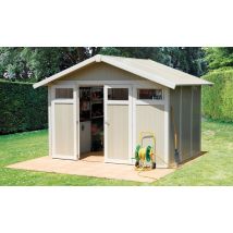 Abri de jardin PVC Utility 7.5m2 Grosfillex gris vert - Double pente - Porte Double - Touschalets