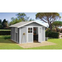 Abri de jardin PVC Déco 11 m2 Grosfillex gris clair - Double pente - Porte Double - Touschalets