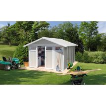 Abri de jardin PVC Utility 11m2 Grosfillex gris vert - Double pente - Porte Double - Touschalets