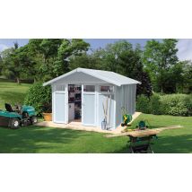 Abri de jardin PVC Utility 11m2 Grosfillex gris bleu - Double pente - Porte Double - Touschalets