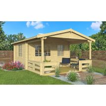 Abri de jardin avec terrasse BLOIS 44 mm - 12,3m2 intérieur + 8,6m2 - Double pente - Double porte semi-vitrée - Touschalets