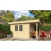 Abri de jardin toit plat avec appentis Issoire 34mm - 8.60 m² intérieur - Toit plat - Double porte semi-vitrée - Touschalets