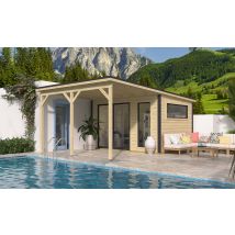 Abri de jardin Vinéo 1 + Auvent A2 madriers 28/44mm - 11.02m2 intérieur - Toit plat - Porte coulissante - Touschalets