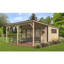 Pool house en bois Finéo 4 + Auvent A5 madriers 28/44mm - 19m² intérieur + 15.77m²