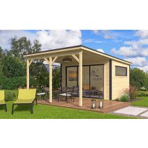 Abri de jardin Finéo 1+ auvent A2 madriers 28/44mm - 11.02m² intérieur + 12.17m² - Toit plat - Porte coulissante - Touschalets