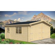 Garage VEDAS 70mm contrecollés - 31,8m² intérieur - Surface intérieure 31.8 m² - Bois brut - Double pente - Feutre bitumeux inclus - Double vitrage