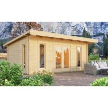 Chalet de jardin BARBADOS 5 70mm - 19,3m² intérieur - Bois brut - Surface intérieure 19.35 m² - Plancher Inclus - Toit monopente - Double porte