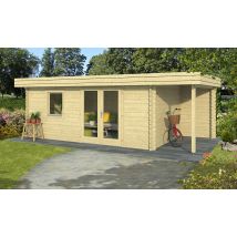 Abri de jardin Portland 44mm - 14.3m2 int + auvent 3.55m2 - Toit plat - Double porte vitrée - Touschalets