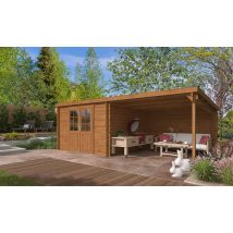 Abri de jardin Moussy 34mm autoclave - 8,13m² intérieur + préau 8.13m² - Toit monopente - Double porte semi-vitrée - Touschalets