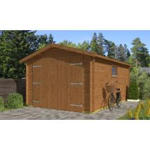 Garage LIMOUSIN 34mm autoclave - 15,3m² intérieur - Surface intérieure 15.29 m² - Bois autoclave - Double pente - Feutre bitumeux inclus - Verre 4mm -