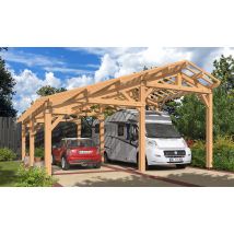 Carport camping-car Oxalis toit 2 pentes 7.30x8.76m Douglas - Surface intérieure m² - Bois brut - Double pente - Livré sans revêtement de toiture -
