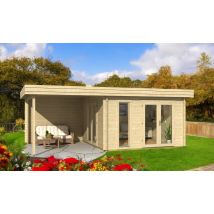 Abri bois RODEZ 44 mm - 12,33 m² intérieur + 9,4m² - Toit plat - Double porte vitrée - Touschalets