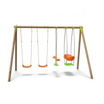 Portique Bois Poutre Métal 2,30 M Techwood Premium Bongo - 6 Enfants - Inclus 2 Balançoires, Face À Face, Nacelle - Fabrication Française - Garantie