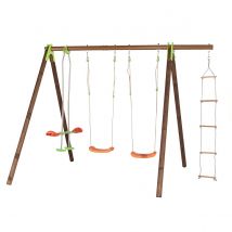 Portique Bois Poutre Métal 2,30 M Techwood Premium Deko - 5 Enfants - Inclus 2 Balançoires, Echelle De Corde, Face À Face - Fabrication Française -