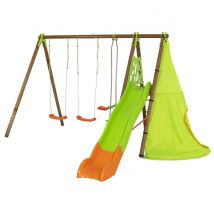 Balançoire En Bois Poutre Métal 2,30 M Techwood Premium Navajo - 6 Enfants - Inclus 2 Balançoires - Fabrication Française - Garantie 10 Ans - Aleo By
