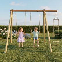 Portique Bois Poutre Métal 1,90 M Techwood Premium Piki - 3 Enfants - Inclus 2 Balançoires, Echelle De Corde - Fabrication Française - Garantie 10 Ans