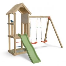 Aire De Jeux Bois 1,90 M Easy Xplorer 2 - 6 Enfants - Inclus 2 Balançoires, Bac À Sable Avec Filet De Protection, Poignées Ergonomiques X2, Télescope