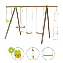 Portique Bois Poutre Métal 2,30 M Techwood Premium Bayano - 6 Enfants - Inclus 2 Balançoires, Trapèze À Anneaux, Trapèze, Corde À Nœuds, Echelle De