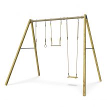 Balançoire En Bois Poutre Métal 3 M Adulte Skyler - 3 Personnes - Inclus 1 Balançoire, Anneaux, Trapèze - Fabrication Française - Garantie 10 Ans -