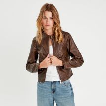 Veste simili cuir zippée marron foncé femme taille 34