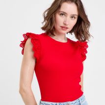 Débardeur volants brodés rouge femme taille M