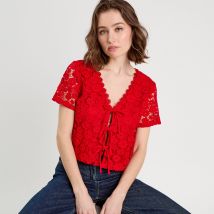 Vib's - T-shirt noué guipure rouge femme S