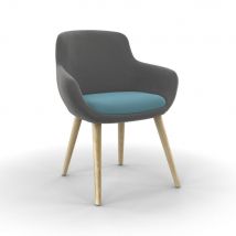 Fauteuil d'accueil Olia - tissu gris - coussin bleu - 4 pieds bois naturel