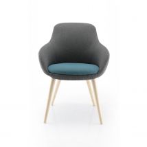 Fauteuil d'accueil Olia - tissu gris - coussin bleu - 4 pieds bois naturel