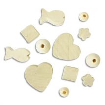 Sachet de 300 perles en bois brut à décorer, formes assorties, 50 x 6 modèles