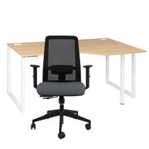 Pack Bureau D'Angle Compact Retour À Droite Nexus L160 X P105 Cm - Chêne Pieds Blanc + Siège Naïa Maille Anthracite