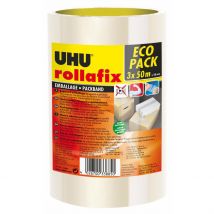 Ruban adhésif d'emballage UHU Rollafix - polypropylène silencieux - 46 microns - 50 mm x 50 m - lot de 3