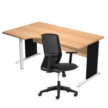 Pack Bureau d'angle compact à gauche Pulse Bois - L160 x P100 cm Hêtre - Pieds L Noir + fauteuil Tekna Noir