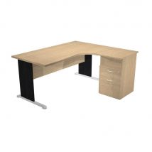 Pack Pulse Tendance - 1 bureau compact retour à droite chêne pieds noirs - 1 caisson hauteur bureau prof. 60 cm