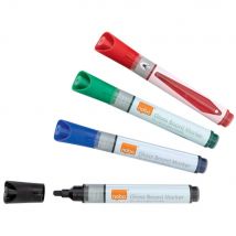 Marqueur Nobo pour tableau en verre effaçable à sec - pointe ogive - couleurs assorties : bleu - vert - rouge - noir - boîte 4 unités