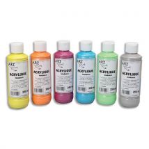 Lot de 6x250ml gouache acrylique citron,vrt pomme,clémentine,beige saumoné,bleu jade,gris souris