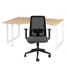 Pack bureau d'angle compact retour à gauche Nexus L160 x P105 cm - Chêne pieds Blanc + siège Naïa maille Anthracite