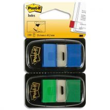 Blister de 2 cartes de 50 index marque page Post-It - 2,54 x 4,4 cm - coloris bleu et vert