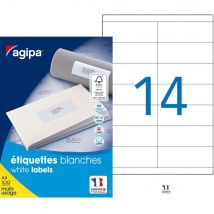 Étiquettes adhésives blanches multi-usages Agipa - 105 x 39 mm - 1400 Étiquettes par boîte - 14 Étiquettes par feuille - boîte 1400 unités