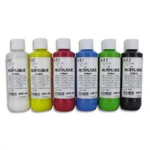 Coffret de 6 x 250ml acrylique brillante Art Plus - blanc, jaune, rouge, bleu, vert, noir