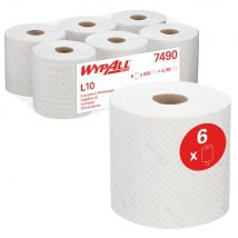 Papier d'essuyage simple épaisseur Wypall L10 - 630 feuilles - 185 mm - Blanc - lot de 6 bobines