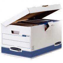 Caisse archives carton Bankers Box capacité - pour format folio - H. 31 cm x l. 56,5 cm x P. 39 cm - Blanc / Bleu - Montage automatique - Lot de 10