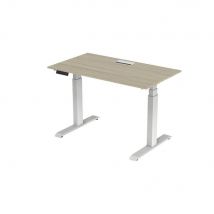 Bureau électrique hauteur réglable Nova L140 cm plateau avec top access Chêne - pieds métal Blanc