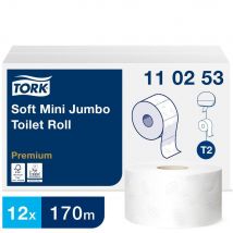 Colis de 12 bobines de papier toilette Tork Premium mini Jumbo 110253 - 2 plis - longueur de 170 m - pour TORK T2