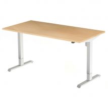 Bureau assis-debout Tempo - L 140 x P 80 cm - plateau hêtre - piétement colonne centré blanc à réglage électrique