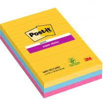 Notes Post-it Super Sticky lignées - grand format 10,2 x 15,2 cm - coloris Rio assortis - lot de 3 blocs de 90 feuilles