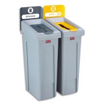 Collecteurs Rubbermaid Slim Jim, 2 bacs toit Gris Jaune : déchets courants et papier, capacité 2 x 87L